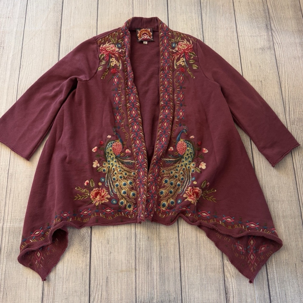 Johnny Was Los Angeles Embroidered Peacock Open Front Cardigan Burgundy XS Boho